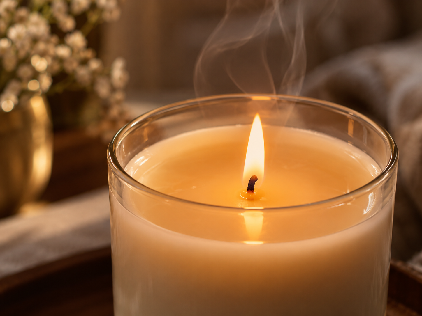 A close-up of a lit candle with a full, even wax melt pool releasing visible fragrance into the air