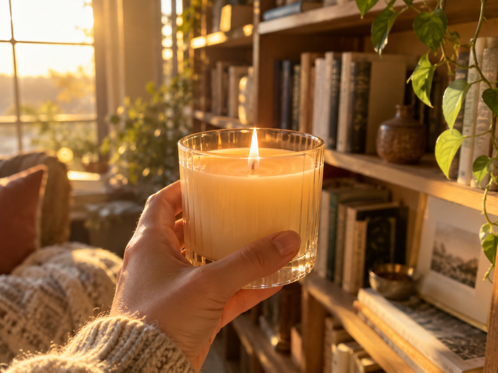 Close-up of a hand holding a scented candle near a bookshelf with warm afternoon light