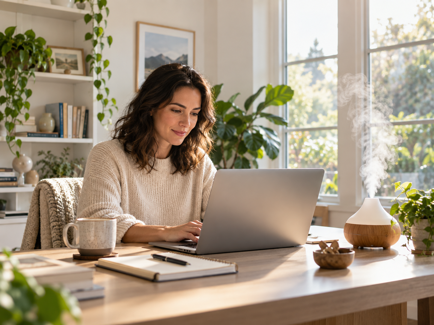 A person works at a laptop in a bright home office with a diffuser releasing mist on the desk