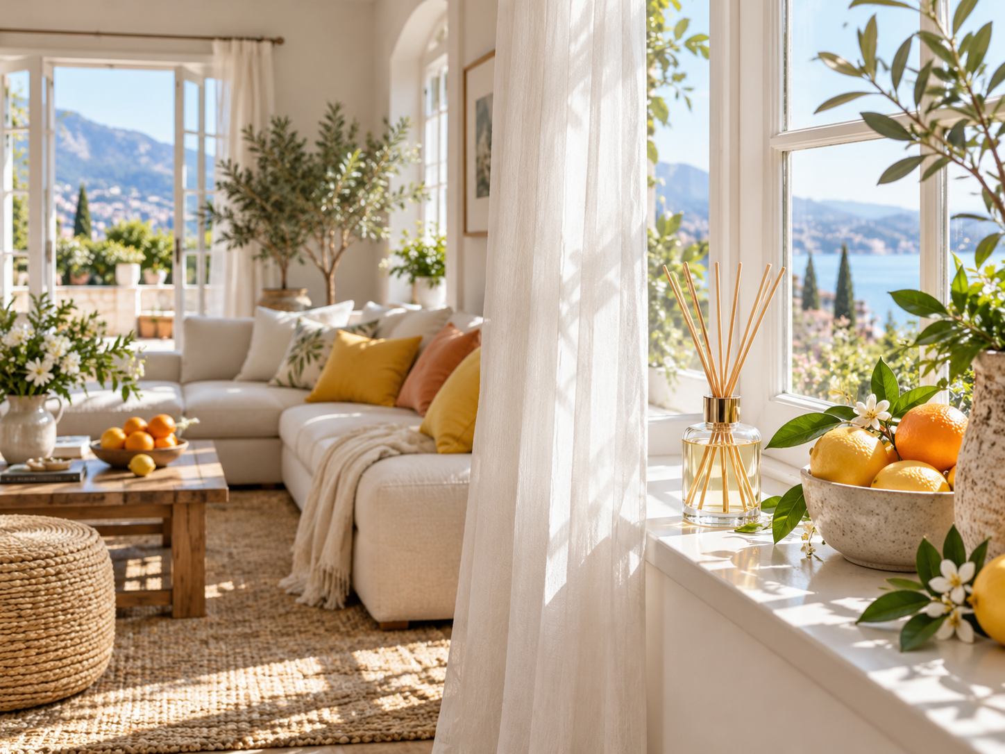 A bright, airy living room with sheer curtains, fresh citrus fruit, and a reed diffuser on a windowsill, representing light spring and summer home fragrance