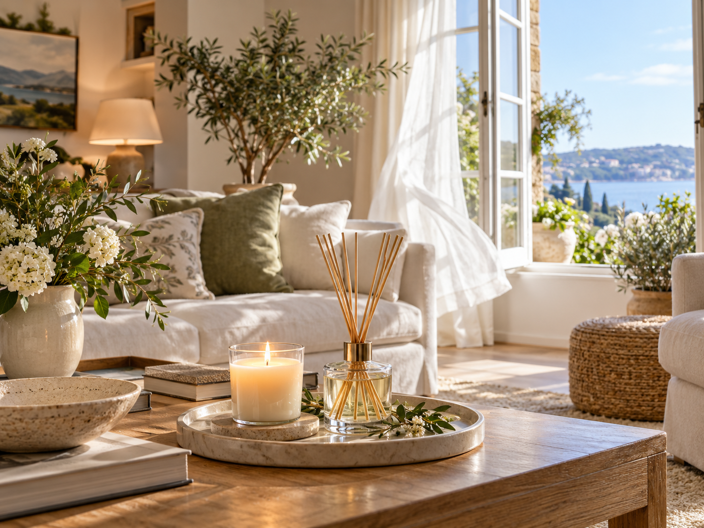 A bright, tidy living room with a lit candle, a reed diffuser, and an open window creating a layered home fragrance setup