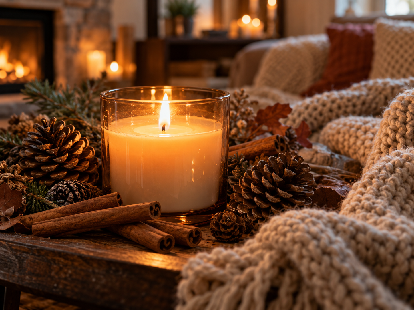 A lit candle surrounded by cinnamon sticks, pinecones, and a warm knit blanket on a table, evoking a cozy fall and winter atmosphere