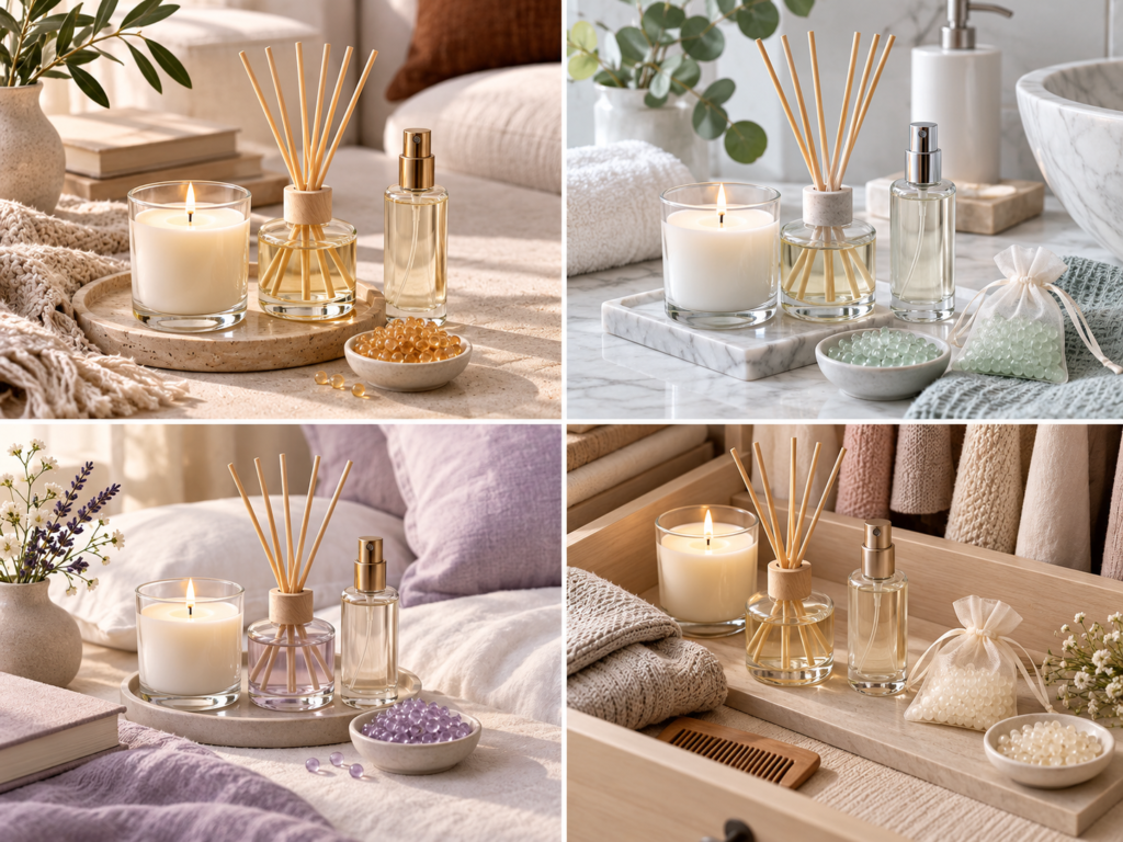 A flat-lay of different home fragrance formats including a candle, reed diffuser, room spray, and sachet beads arranged by room type