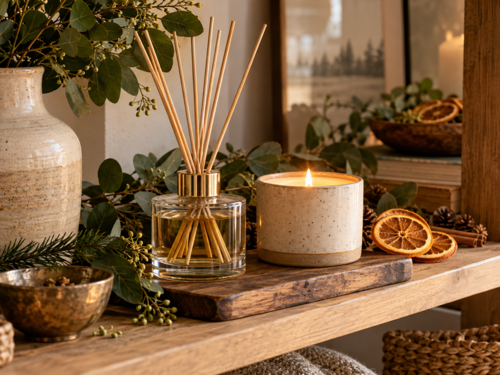 A wooden shelf displaying seasonal home fragrance items including a diffuser, candle, and dried citrus slices arranged with greenery