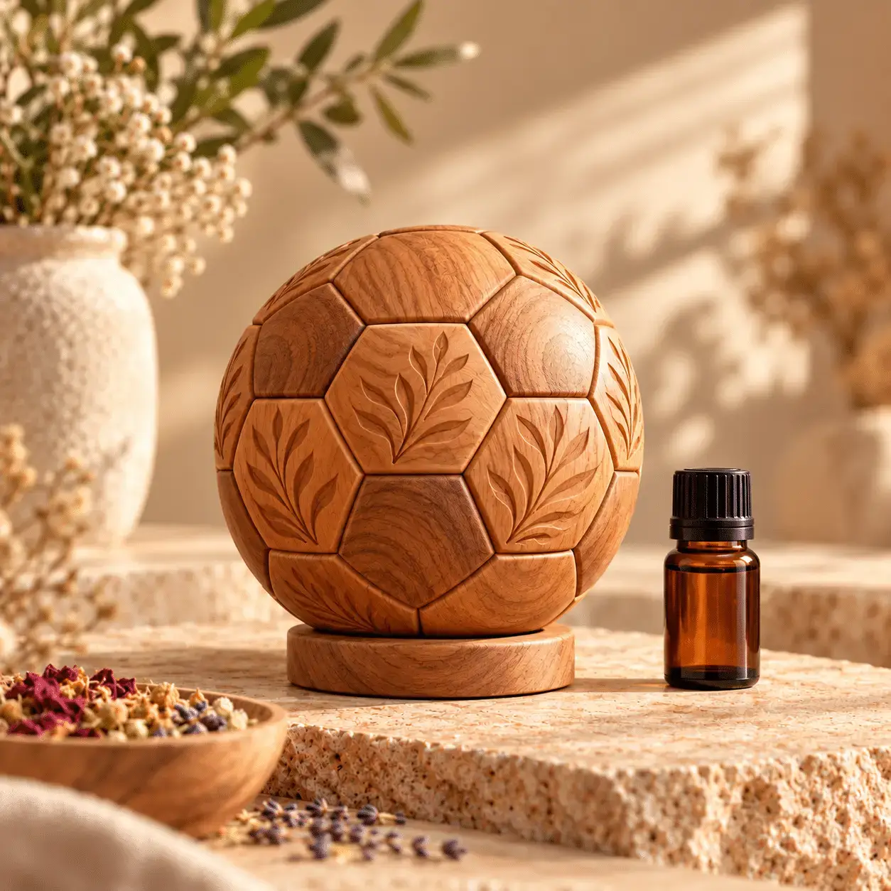 Carved wooden aroma diffuser with an aroma oil bottle