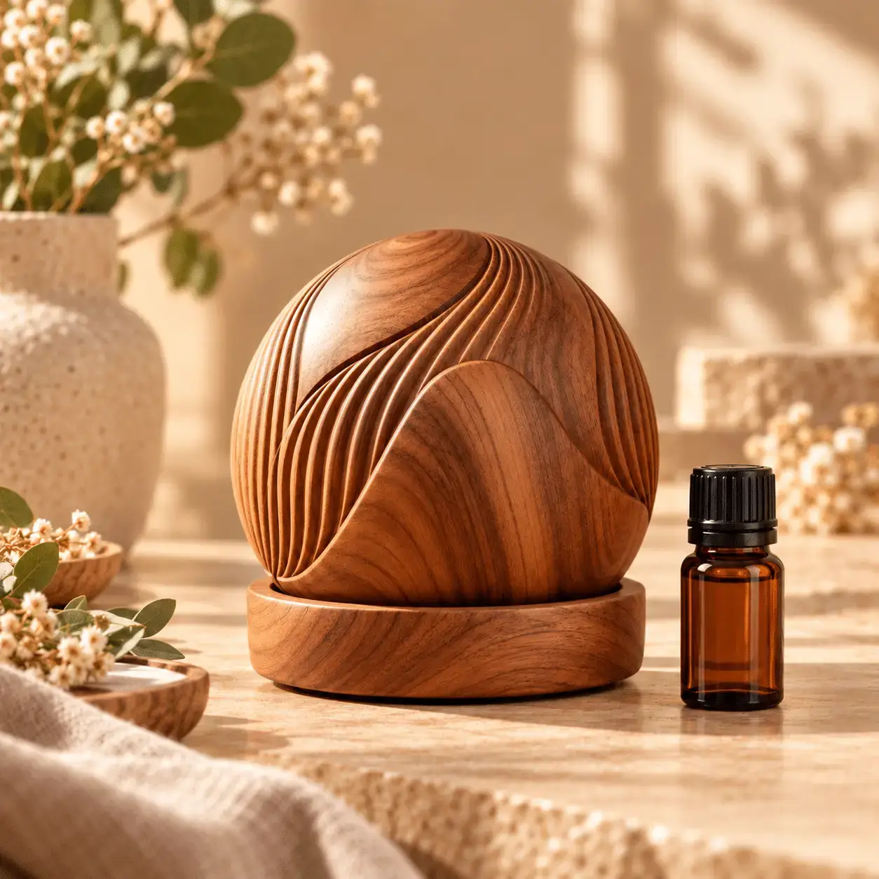 Small carved wooden diffuser on a desk