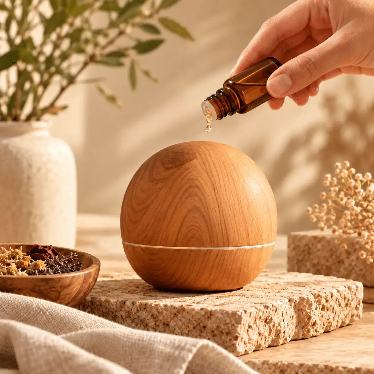 Carved wooden aroma diffuser as a decorative object on a shelf
