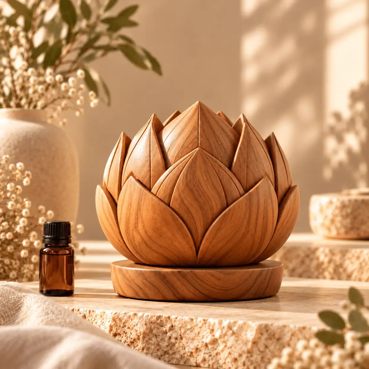 Adding aroma oil drops onto a carved wooden diffuser