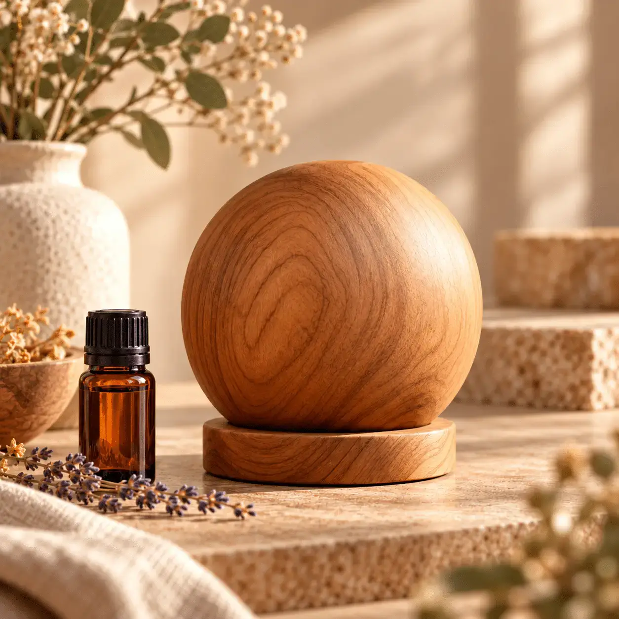 Carved wooden diffuser on its base on a desk