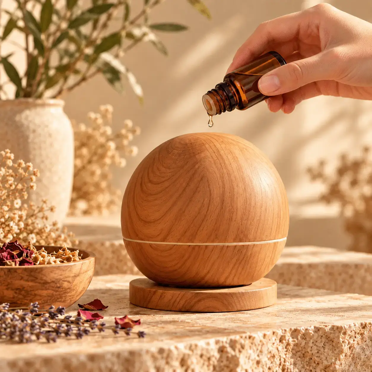 Refilling a carved wooden diffuser with aroma oil