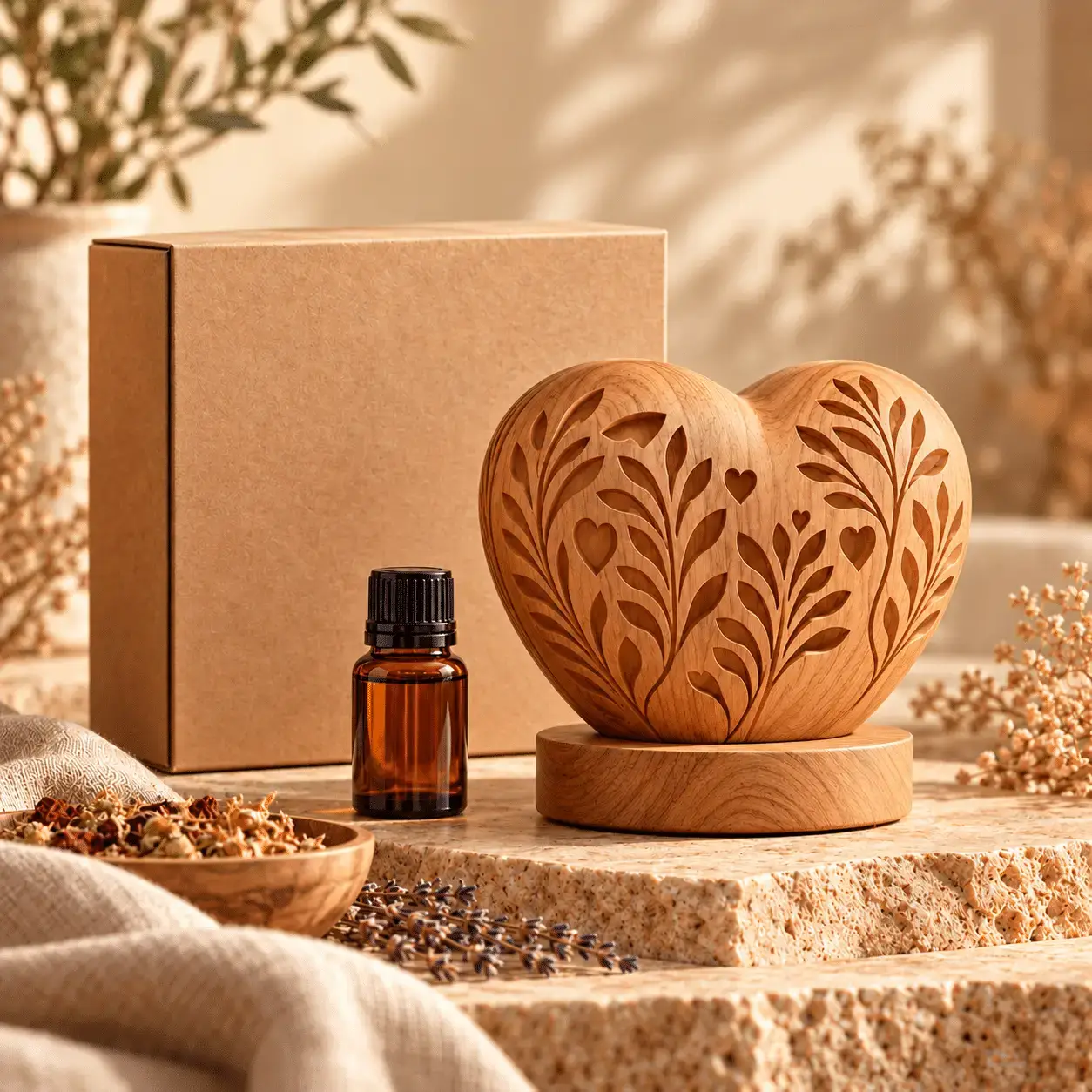 Wooden diffuser gift set: carved diffuser, wooden base, aroma oil and kraft gift box