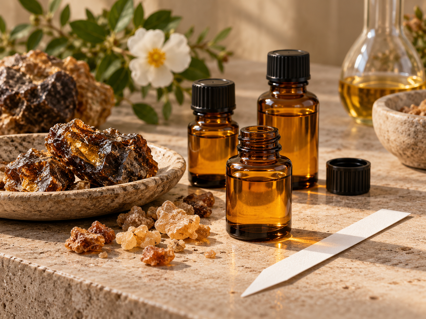 Small amber glass bottles of golden fragrance oil beside resin pieces and a blotter strip on a neutral studio surface