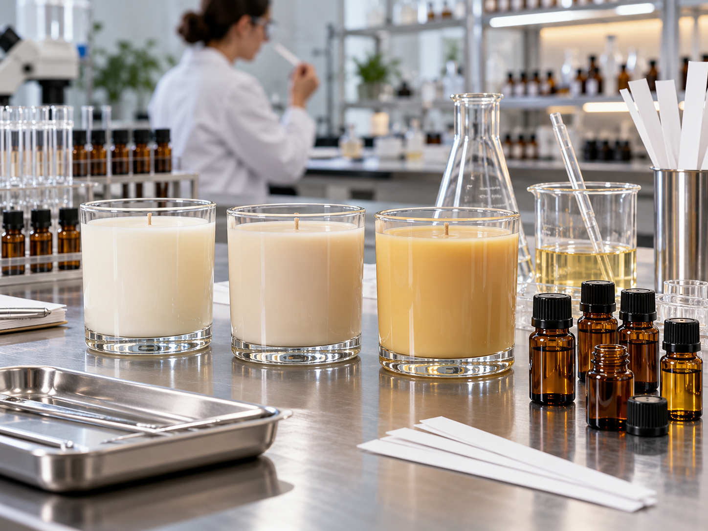 Three candle jars in different wax shades with amber fragrance oil sample vials on a lab bench for scent and color approval