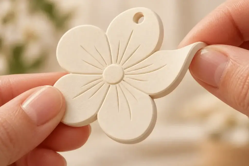 Close-up of a soft, flexible EVA scented tag