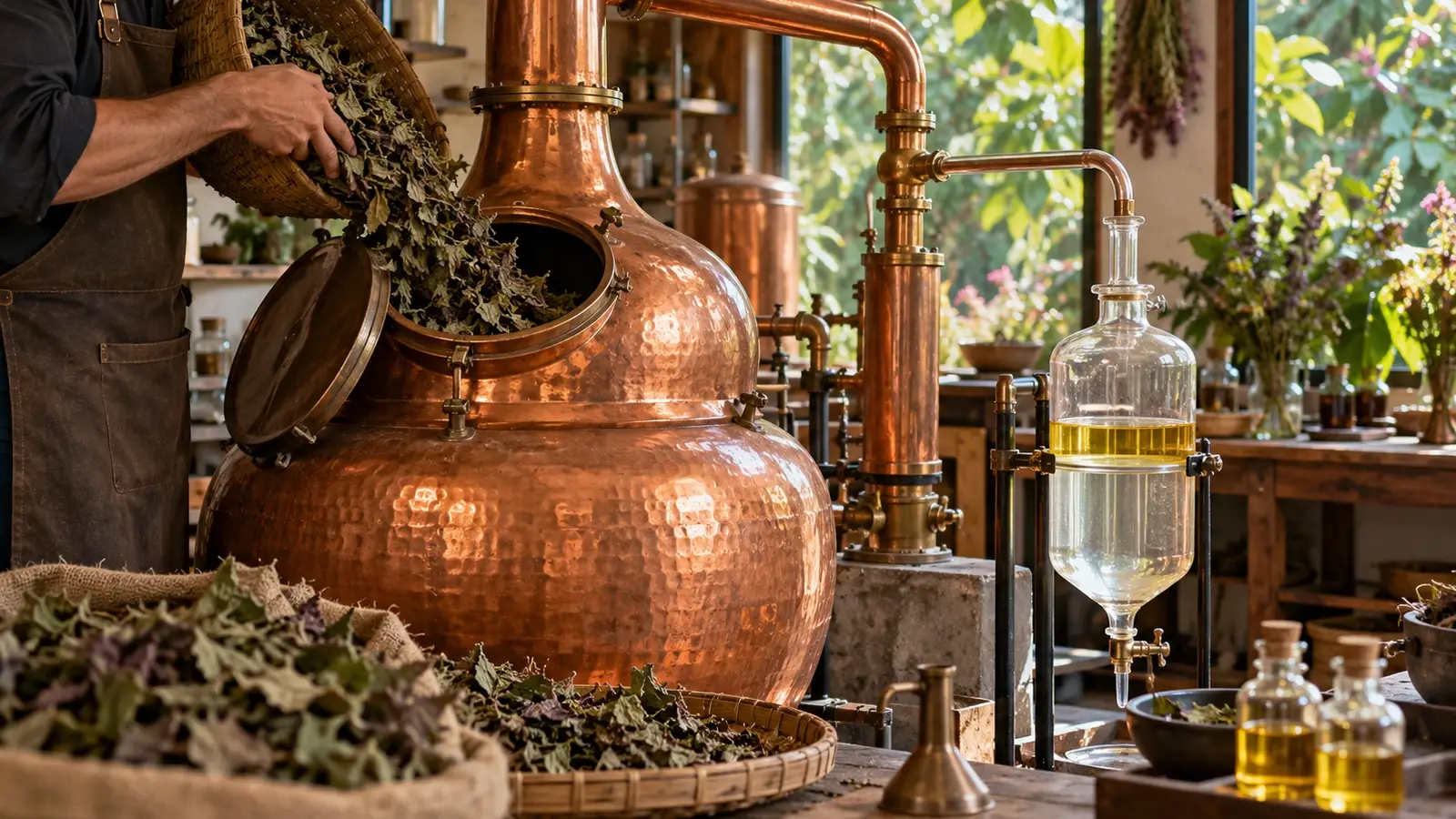 Copper steam distillation still with patchouli leaves being loaded and a glass separator collecting oil