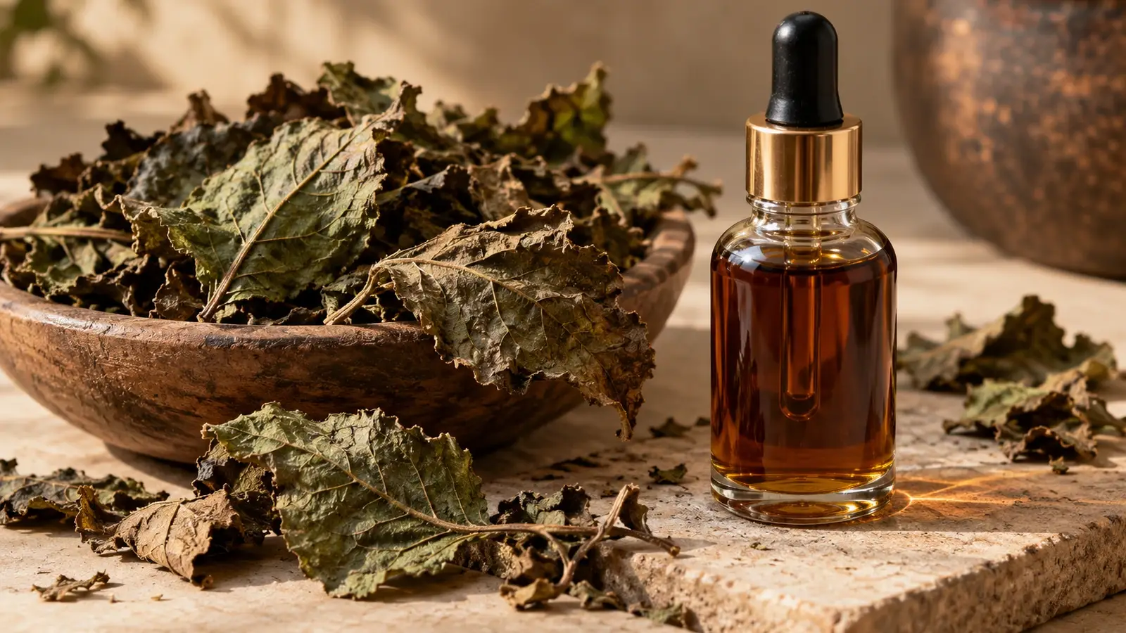 Dried patchouli leaves and a small glass dropper bottle of dark patchouli oil on a neutral studio surface
