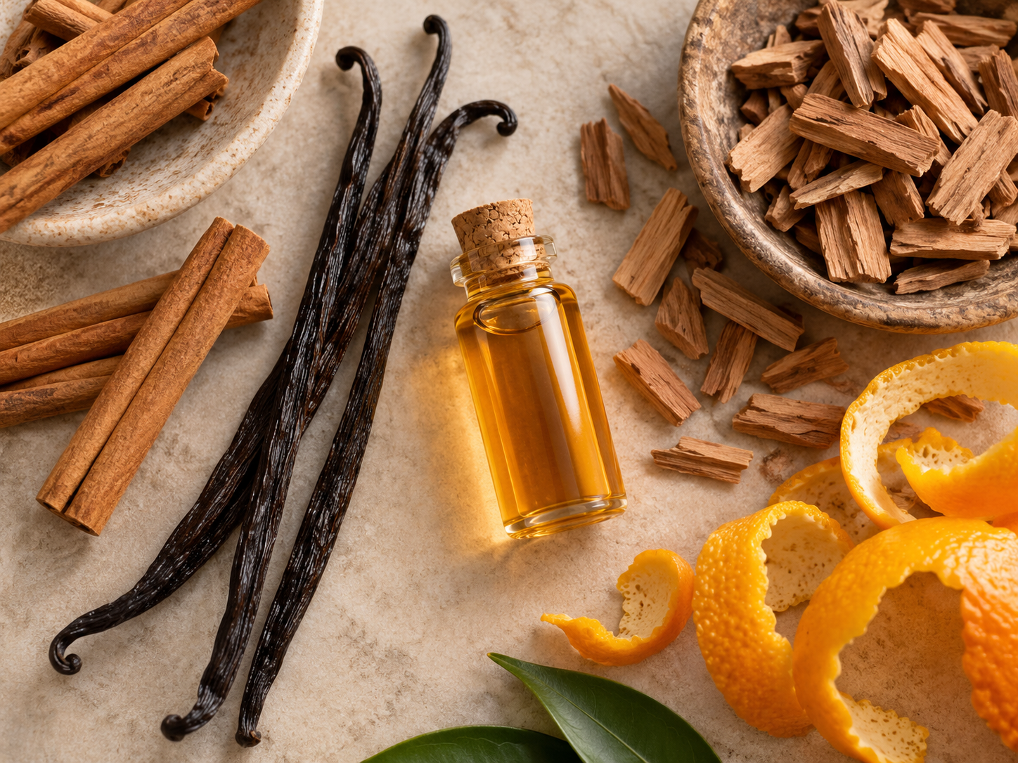 Flat lay of vanilla pods, cinnamon sticks, sandalwood chips and citrus peel arranged around a small amber fragrance oil vial