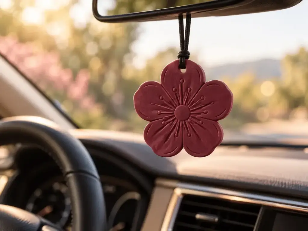 EVA scented tag hanging from a car mirror