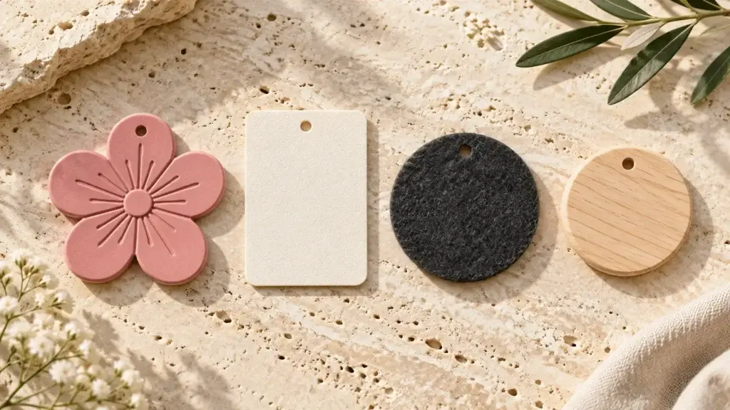 EVA tag, paper card, felt pad and wood carrier side by side