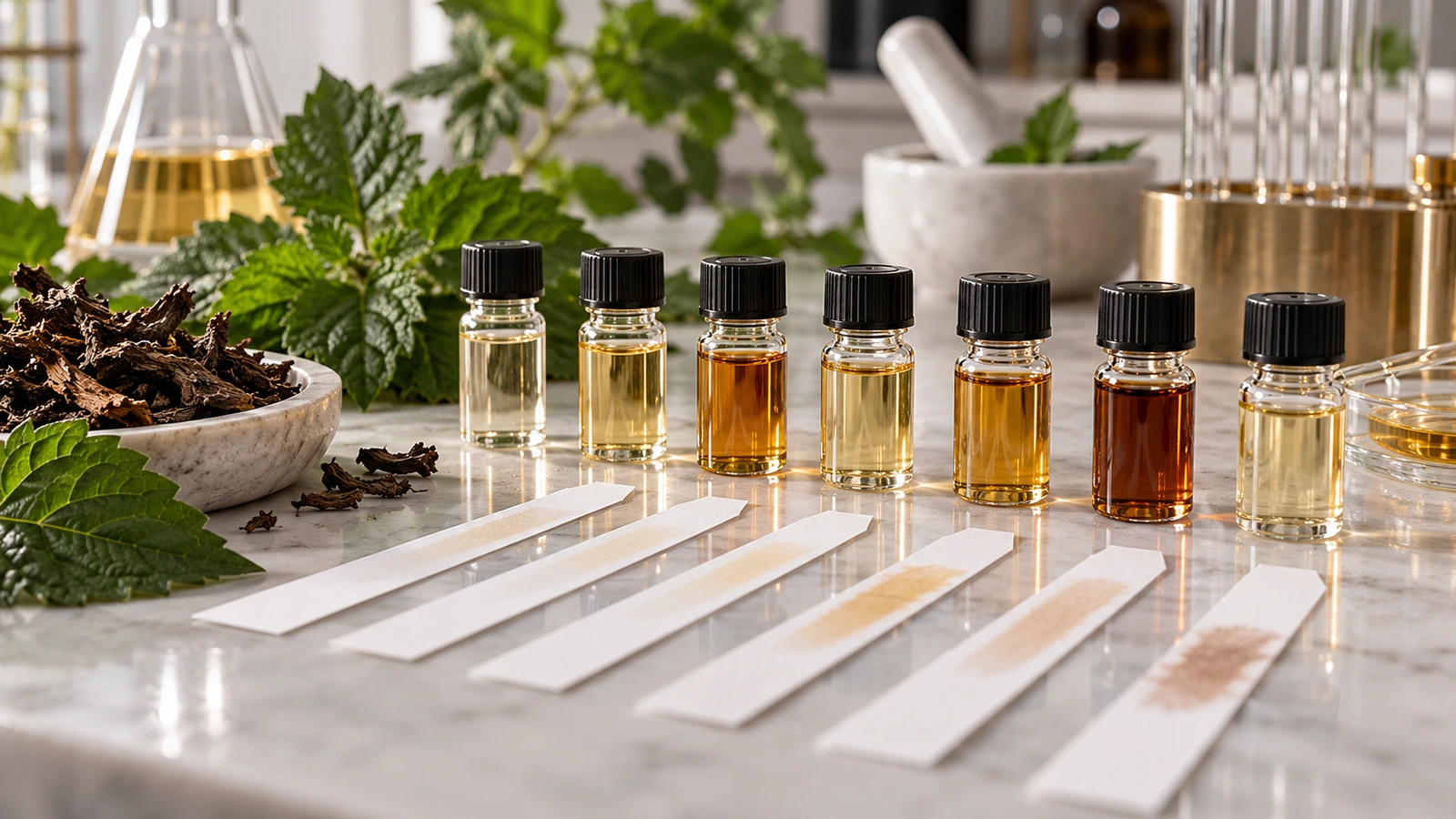 Row of fragrance oil sample vials and blotter strips on a lab bench for a patchouli scent approval