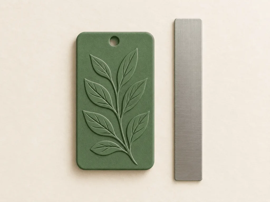 Standard EVA scented tag shown beside a ruler